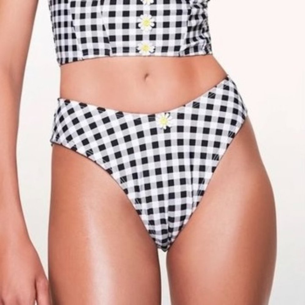 NEW Betsey Johnson Black White Gingham Pic Artist High Cut Bikini Bottoms Sz XL